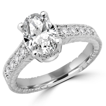 Oval Cut Diamond Milgrain Vintage Multi-Stone 4-Prong Engagement Ring with Round Diamond Accents in White Gold - #1880L-W-OV