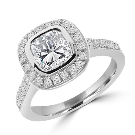Cushion Cut Diamond Multi-Stone Bezel-Set Halo Engagement Ring with Round Diamond Accents in White Gold - #ORG-TIFFANY-W-CU
