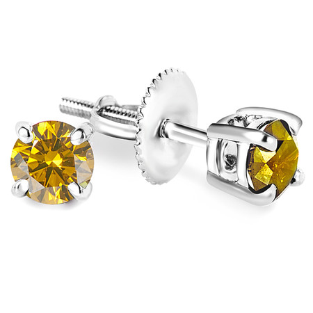 Round Cut Canary Yellow Diamond Solitaire 4-Prong Stud Earrings with Screwbacks in White Gold - #R418-W-YELLOW