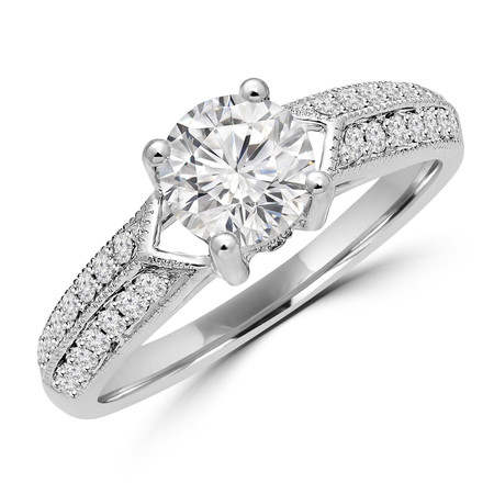 Round Cut Diamond Multi-Stone 4-Prong Cathedral & Trellis-Set Vintage Engagement Ring with Round Diamond Accents in White Gold - #HR6225-W