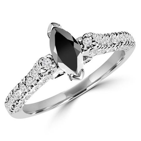 Marquise Cut Black Diamond Multi-Stone V-Prong Engagement Ring with Round White Diamond Accents in White Gold - #HR6704-W-BLK