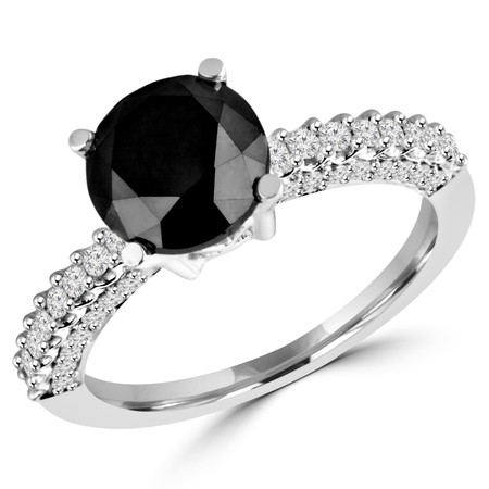 Round Cut Black Diamond Multi-Stone 4-Prong Vintage Engagement Ring with Round Diamond Scallop-Set & Pave Accents in White Gold - #HR6213-W-BLK