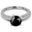 Round Cut Black Diamond Multi-Stone 4-Prong Vintage Engagement Ring with Round Diamond Scallop-Set & Pave Accents in White Gold - #HR6213-W-BLK