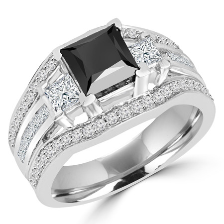 Princess Cut Black Diamond Multi-Stone V-Prong Vintage Engagement Ring with Round & Princess Cut White Diamond Accents in White Gold - #HR8029-W-BLK