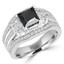 Princess Cut Black Diamond Multi-Stone V-Prong Vintage Engagement Ring with Round & Princess Cut White Diamond Accents in White Gold - #HR8029-W-BLK