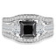 Princess Cut Black Diamond Multi-Stone V-Prong Vintage Engagement Ring with Round & Princess Cut White Diamond Accents in White Gold - #HR8029-W-BLK