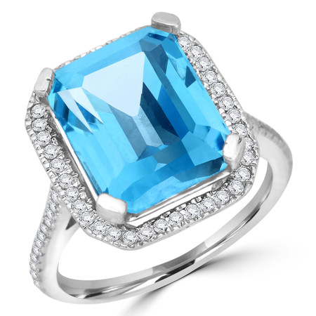 Emerald Cut Blue Topaz Gemstone Multi-Stone 4-Prong Halo Cocktail Ring with Round Cut White Diamond Accents in White Gold - #CSFR7R6838-W-TOP