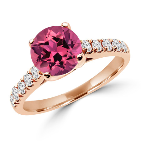Round Cut Pink Tourmaline Gemstone Multi-Stone 4-Prong Cathedral-Set Engagement Ring with Round White Diamond Accents in Rose Gold - #SM1991-R-TOUR
