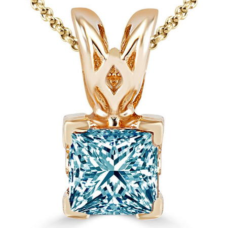 Princess Cut Blue Diamond Solitaire V-Prong Pendant Necklace with Chain in Yellow Gold - #PSF-Y-BLUE