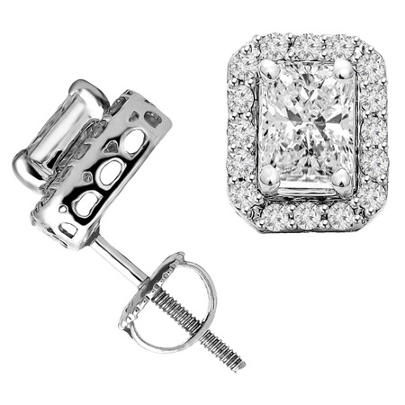 Radiant Cut Diamond Multi-Stone 4-Prong Halo Stud Earrings with Round Cut Diamond Accents with Screwbacks in White Gold - #IEHT0084-W