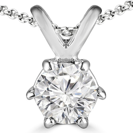 Round Cut Diamond Solitaire 6-Prong Pendant Necklace with Chain in White Gold - #P6R-W