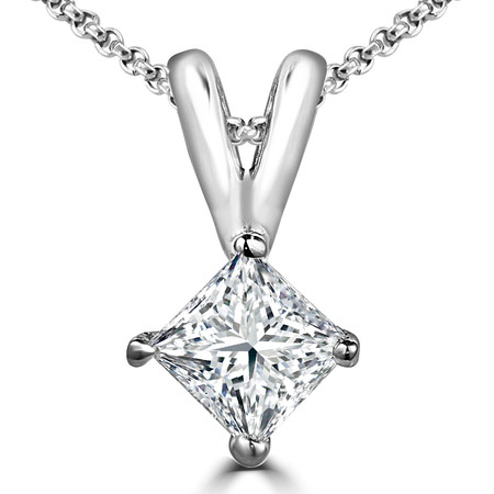 Princess Cut Diamond Solitaire 4-Prong Pendant Necklace with Chain in White Gold - #PSQ-W