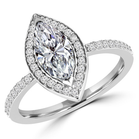 Marquise Cut Diamond Multi-Stone V-Prong Halo Vintage Engagement Ring with Round Diamond Accents in White Gold - #HR10067-W-MQ