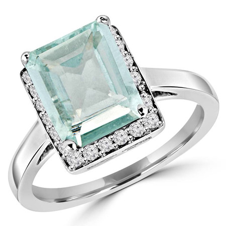 Emerald Cut Aquamarine Green Gemstone Multi-Stone 4-Prong Fashion Cocktail Ring with Round Diamond Accents in White Gold - #HR10069-W-EM-AQUA