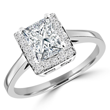 Princess Cut Diamond Multi-Stone 4-Prong Halo Engagement Ring with Round Diamond Accents in White Gold - #HR10069-W-PR