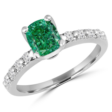 Cushion Cut Green Diamond 4-Prong Engagement Ring with Round White Diamond Accents in White Gold - #HR10360-W-CU-GREEN