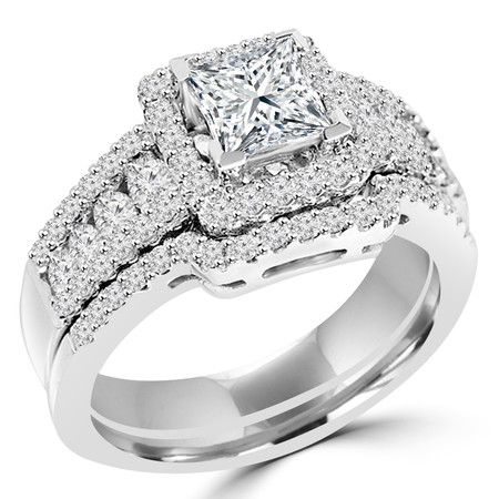 Princess Cut Diamond Multi-Stone V-Prong Vintage Halo Engagement Ring & Wedding Band Bridal Set with Round Prong & Channel-Set Diamond Accents in White Gold - #HR6533-A-B-W