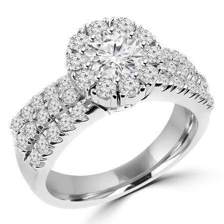 Round Cut Diamond Multi-Stone Shared-Prong Vintage Halo Engagement Ring with Round Diamond Accents in White Gold - #HR4529-W