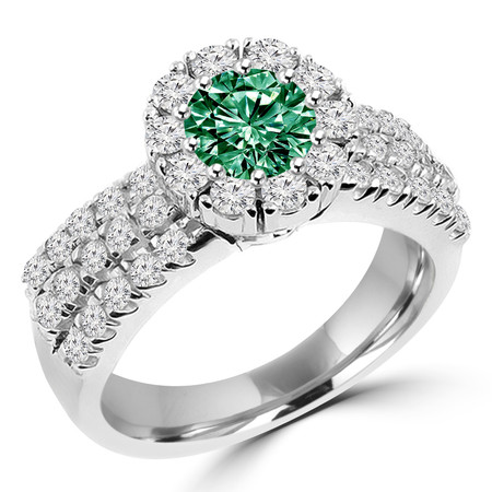 Round Cut Green Diamond Multi-Stone Shared-Prong Vintage Halo Engagement Ring with Round White Diamond Accents in White Gold - #HR4529-W-GREEN