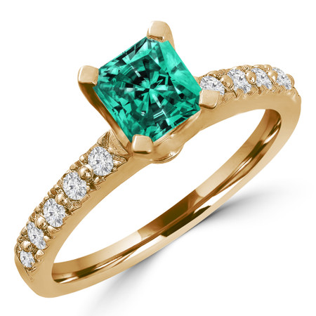 Radiant Cut Green Diamond 4-Prong Engagement Ring with Round White Diamond Accents in Yellow Gold - #HR10360-Y-RA-GREEN