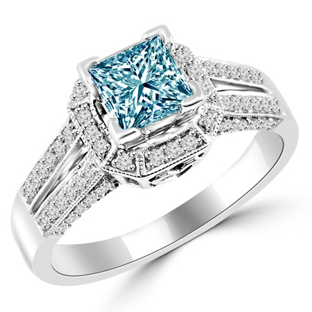 Princess Cut Blue Diamond Multi-Stone Split-Shank V-Prong Vintage Halo Engagement Ring with Round White Diamond Accents in White Gold - #HR6313-W-BLUE
