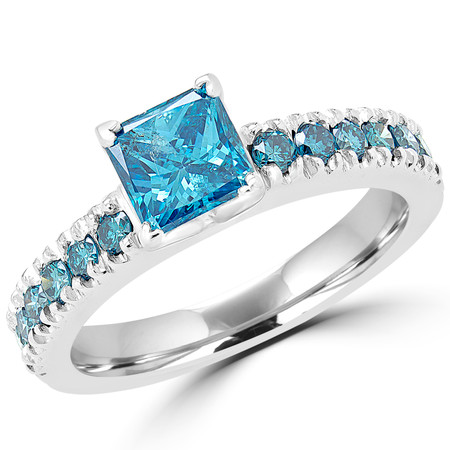 Radiant Cut Blue Diamond Multi-Stone V-Prong Engagement Ring with Round Blue Diamond Accents in White Gold - #2457LP-BLUE-RA