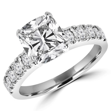 Cushion Cut Diamond Multi-Stone 4-Prong Engagement Ring with Round Diamond Accents in White Gold - #LOCAL-NOVO-MD-P-W