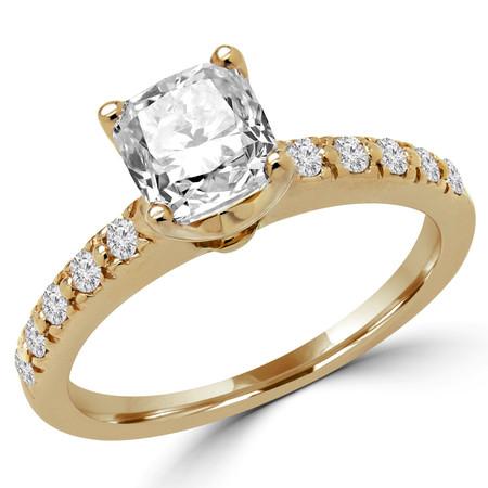 Cushion Cut Diamond Multi-Stone 4-Prong Engagement Ring with Round Diamond Accents in Yellow Gold - #HR10360-Y-CU