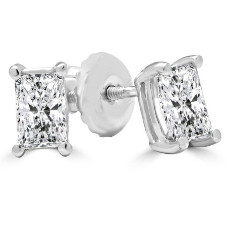 Radiant Cut Diamond Solitaire 4-Prong Stud Earrings with Screwbacks in White Gold - #E430