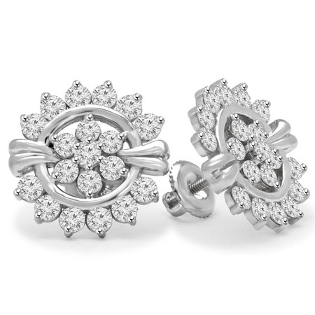 Round Cut Diamond Multi-Stone Prong-Set Sunburst Flower Motif Fashion Stud Earrings with Screwbacks in White Gold - #MD-E-WIGHT-W