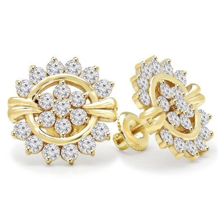 Round Cut Diamond Multi-Stone Prong-Set Sunburst Flower Motif Fashion Stud Earrings with Screwbacks in Yellow Gold - #MD-E-WIGHT-Y
