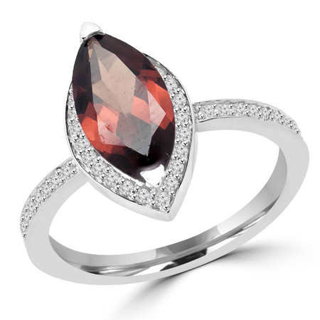Marquise Cut Red Garnet Gemstone Multi-Stone V-Prong Halo Fashion Cocktail Ring with Round White Diamond Accents in White Gold - #HR10067-W-MQ-GAR