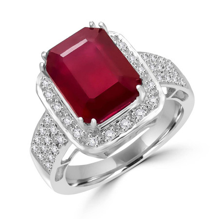 Emerald Cut Treated Red Ruby Multi-Stone 4 Double-Prong Halo Cocktail Ring with Round White Diamond Accents in White Gold - #CFQT6