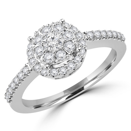 Round Cut Diamond Multi-Stone Cluster Shared-Prong Halo Engagement Ring in White Gold - #FROH0001