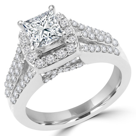 Princess Cut Diamond Multi-Stone 4-Prong Split-Shank Vintage Halo Engagement Ring with Round Diamond Accents in White Gold - #FRCF5270-PR-W