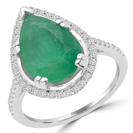 Pear Cut Green Emerald Gemstone Multi-Stone 5-Prong Halo Cocktail Ring with Round White Diamond Accents in White Gold - #CSFRM0069
