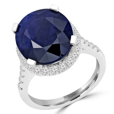 Oval Cut Blue Sapphire Gemstone Multi-Stone 4-Prong Halo Ring with Round Diamond Accents in White Gold - #FRHT9941-W-SA