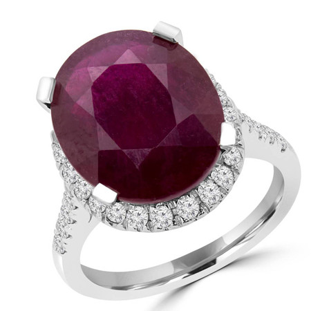 Oval Cut Red Ruby Gemstone Multi-Stone 4-Prong Halo Ring with Round Diamond Accents in White Gold - #FRHT9941-W-RU