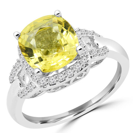Cushion Cut Treated Yellow Sapphire Gemstone Multi-Stone 4-Prong Halo Cocktail Ring with White Diamond Accents in White Gold - #CSFR2W1386-W-SAP