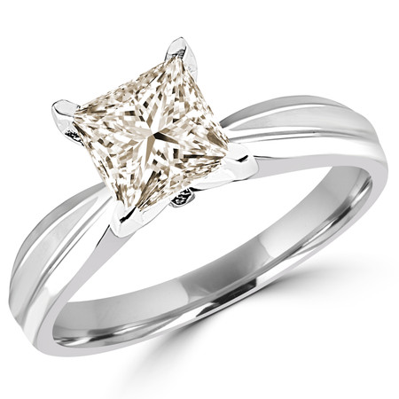 Princess Cut Champagne Diamond Solitaire Tapered Shank V-Prong Engagement Ring in White Gold - #714LP-W-CHM