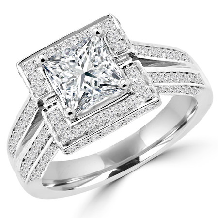 Princess Cut Diamond Multi-Stone Split-Shank 4-Prong Vintage Halo Engagement Ring with Round Diamond Accents in White Gold - #HR10058-PR-W