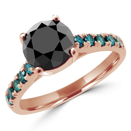 Round Cut Black Diamond Multi-Stone 4-Prong Cathedral-Set Engagement Ring with Round Blue Diamond Accents in Rose Gold - #SM1991-BLK-R