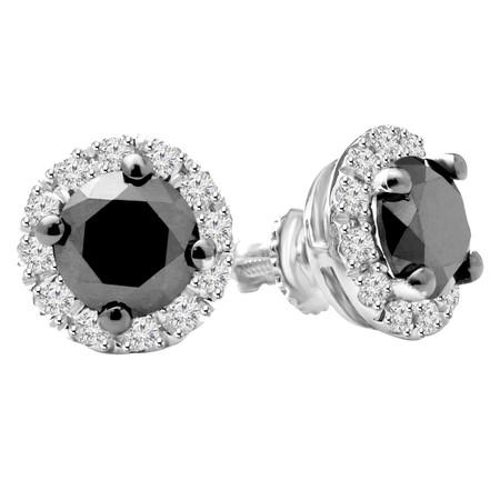 Round Cut Black Diamond Multi-Stone 4-Prong Halo Stud Earrings with Round Cut White Diamond Accents with Screwbacks in White Gold - #CDEAOC4881
