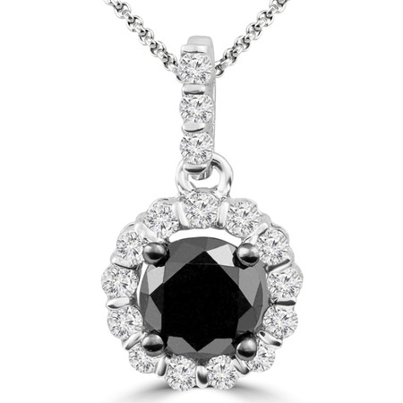 Round Cut Black Diamond Multi-Stone 4-Prong Halo Pendant with Round Cut White Diamond Bar-Set Accents with Chain in White Gold - #CDPEQC7324