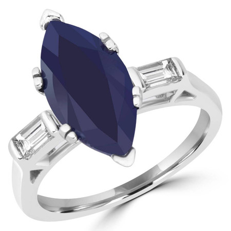 Marquise Cut Blue Sapphire Gemstone Multi-Stone 6-Prong Cocktail Ring with Baguette Cut White Diamond Accents in White Gold - #CSFR3T4228