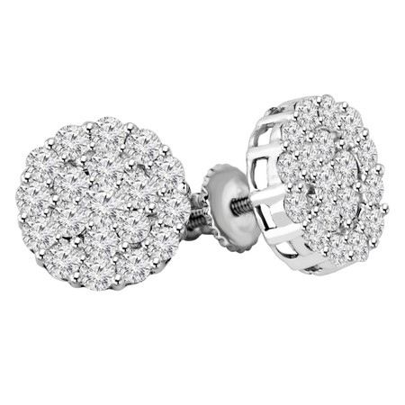 Round Cut Diamond Flower Cluster Multi-Stone Shared-Prong Stud Earrings with Screwbacks in White Gold - #EAOC3993