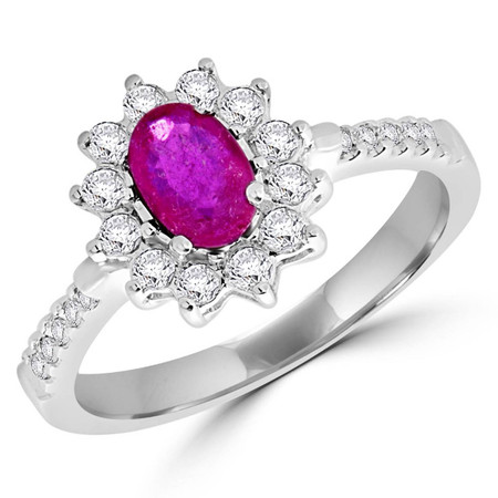 Oval Cut Red Ruby Gemstone Multi-Stone Halo Ring with Round Cut White Diamond Accents in White Gold - #CSFRQ8191