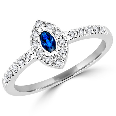 Marquise Cut Blue Sapphire Gemstone Multi-Stone Halo Bezel-Set Ring with Round Cut White Diamond Accents in White Gold - #CSFROQ6709