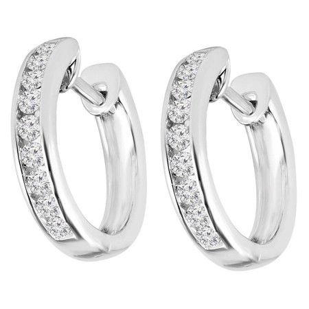 Round Cut Diamond Multi-Stone Huggie Hoop Channel-Set Earrings in White Gold - #HDE2622-W
