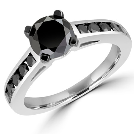 Round Cut Black Diamond Multi-Stone 4-Prong Engagement Ring with Channel Set Accents in White Gold - #CDFROC3677